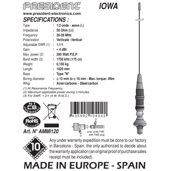 CB antenne, President Iowa  1/2 wave 26-28Mhz