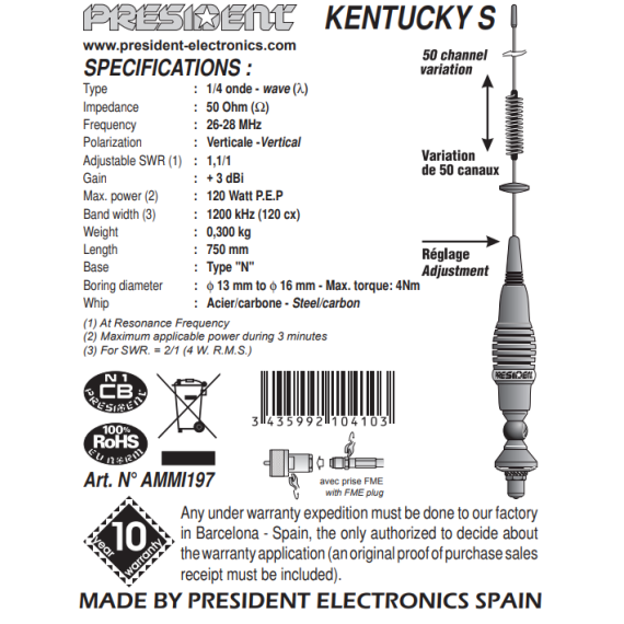 CB antenne,President Kentuckys 1/4 wave. 26-28MHz